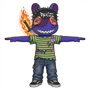 A T-pose-style illustration of a dark stitched bunny character with graffiti 'FLUGZ' on its face, holding a flaming lighter, wearing a green striped shirt and jeans.