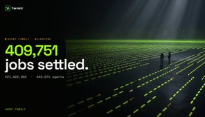 A dark screen with green digital light streaks displaying '409,751 jobs settled.' and other partial numbers.