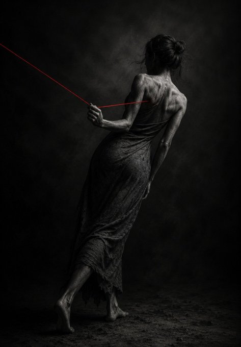 A black and white photo of a skeletal figure in a tattered dress holding a red string, with a bright star in the upper right corner.