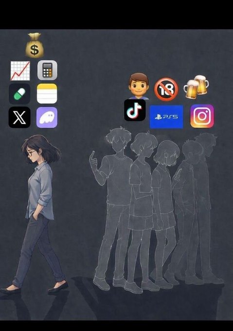 An anime-style illustration showing a woman walking ahead of a group of five shadowy silhouettes, with app icons displayed above including TikTok, PS5, Instagram, X, and Discord.