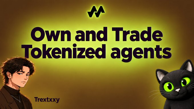 A graphic advertisement with the text 'Own and Trade Tokenized agents' featuring an animated character labeled 'Trextxxy' and a black cat with bright green eyes.