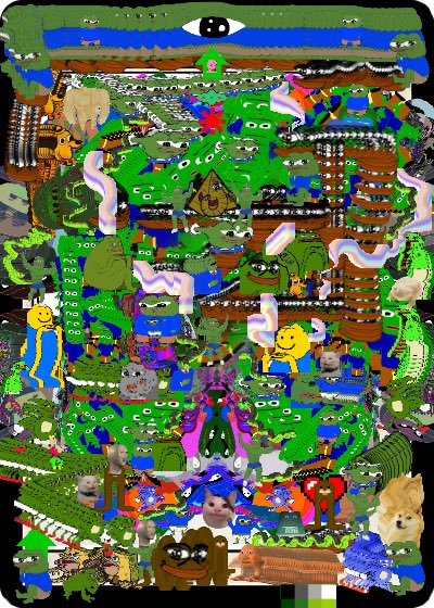 Dense, chaotic illustration featuring dozens of crypto/meme coin characters including Pepe the Frog, Doge, Wojak, and various other internet mascots arranged in a crowded composition.