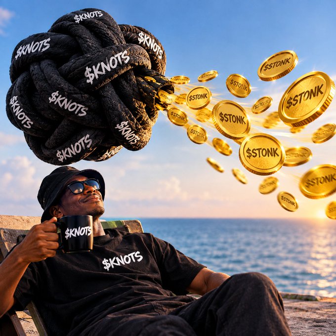 A man relaxing on a beach wearing sunglasses and a hat, holding a mug labeled '$KNOTS' with his shirt also displaying '$KNOTS', while a giant rope ball unleashes golden '$STONK' coins flying into the sunset sky.