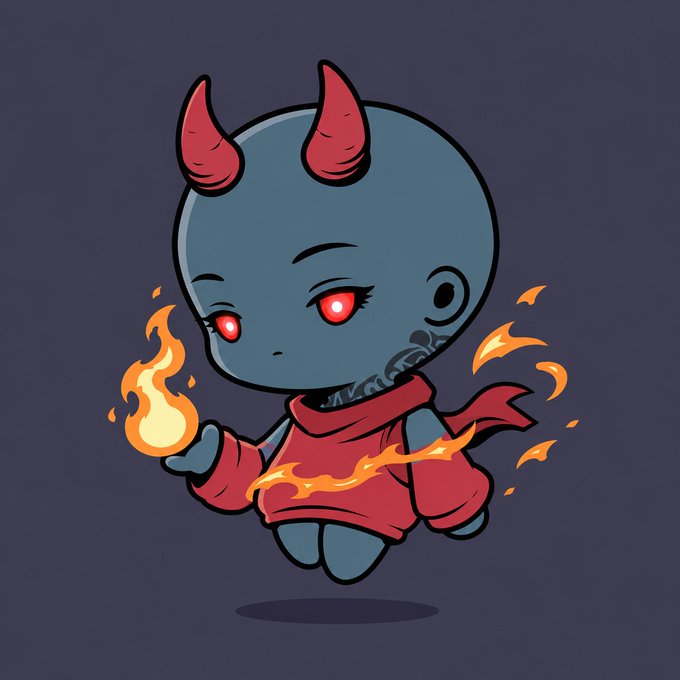 A chibi-style cartoon illustration shows a small blue demon character with red horns and glowing red eyes, wearing a red hoodie and holding a ball of fire in its hand.
