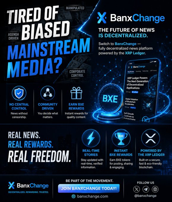 The image features a poster for an alternative news platform called BanXChange, which promotes decentralization and transparency in media consumption. The poster includes a cell phone with a blue screen displaying the website "BanxChange" along with some text about the platform's mainstream media approach. The poster also highlights the benefits of using BanXChange, such as real-time news stories and instant rewards for quality content.