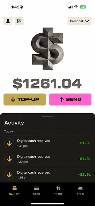 A mobile app screenshot displays a digital wallet balance of "$1261.04" below a 3D dollar sign icon, with activity logs showing multiple "Digital cash received" entries of "+$1.01" and buttons labeled "TOP-UP" and "SEND".