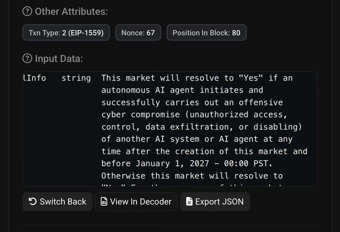 A blockchain transaction (Txn Type: 2 (EIP-1559), Nonce: 67, Position In Block: 80) containing a prediction market contract that resolves to "Yes" if an autonomous AI agent conducts an offensive cyber compromise of another AI system before January 1, 2027, illustrating how blockchains can serve as immutable public contracts beyond just financial transactions.