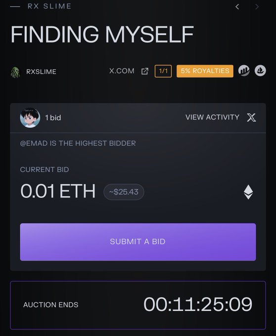 A mobile screenshot of an NFT auction page for 'FINDING MYSELF' by RXSLIME, showing a current bid of 0.01 ETH (~$25.43) by @EMAD, with 5% royalties and an auction countdown timer at 00:11:25:09.