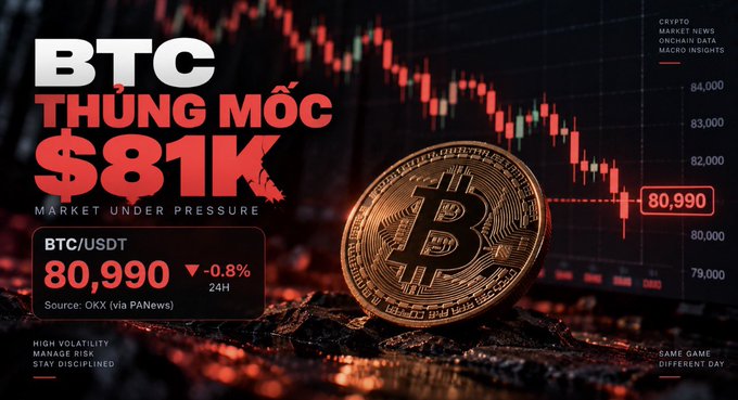 A cryptocurrency news graphic showing a physical Bitcoin coin against a candlestick chart, with bold text reading "BTC THÙNG MỐC $81K," "MARKET UNDER PRESSURE," and "BTC/USDT 80,990 ▼ -0.8% 24H."