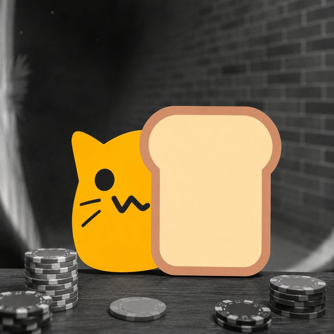 A digital illustration of an orange cat character next to a slice of bread on a wooden table with stacks of poker chips, set against a black-and-white brick wall background.