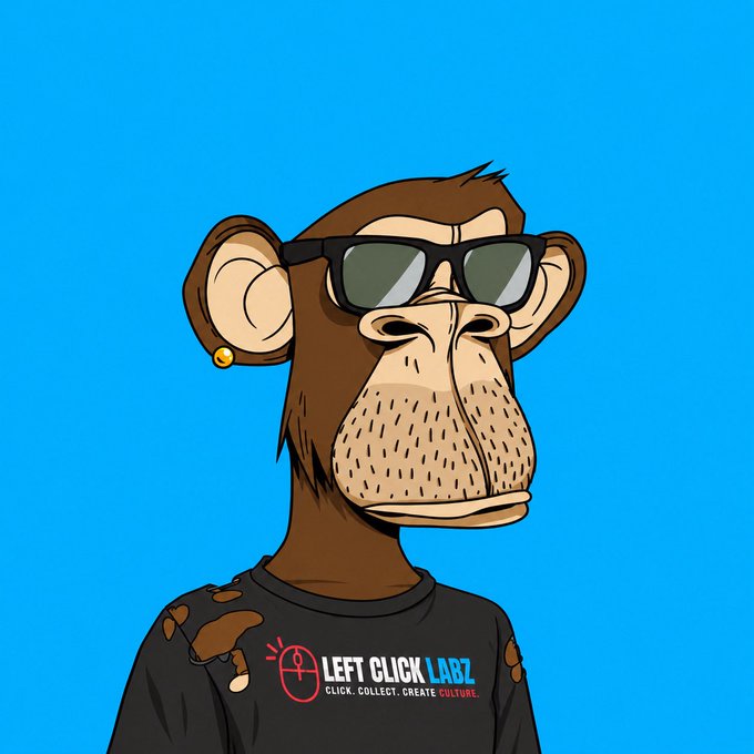 Digital illustration of a Bored Ape-style NFT character wearing sunglasses and a 'LEFT CLICK LABZ' black t-shirt with the tagline 'CLICK. COLLECT. CREATE CULTURE.' on a blue background.