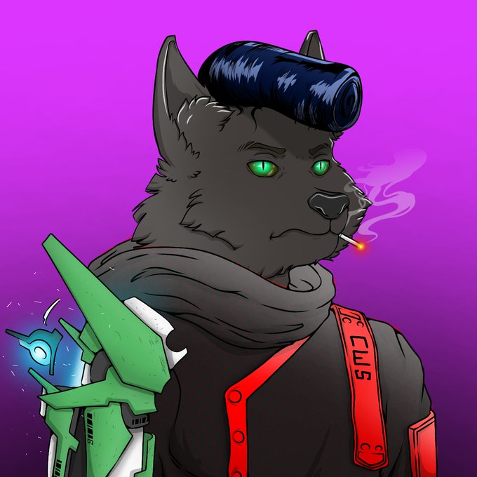 A digital illustration of a black anthropomorphic wolf character with a pompadour hairstyle, smoking a cigarette, wearing a black jacket with red accents and holding a green futuristic weapon against a purple background.
