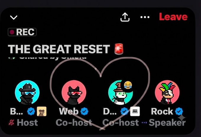Screenshot of a Twitter Spaces recording titled 'THE GREAT RESET' hosted by SMUB with hosts B, Web, D, and Rock drawn around a heart.