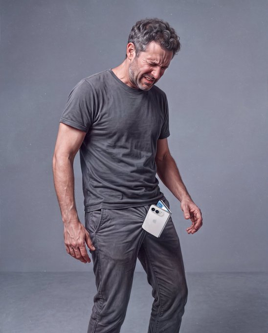 A man winces in pain as a smartphone, appearing to be a Pixel device, slips from his pocket toward the floor, illustrating the common fear of accidentally damaging or dropping one's phone. The post's question "is anyone else worried about this happening?" highlights the universal anxiety about phone mishaps.