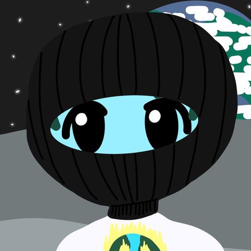 A digital illustration of a character wearing a dark knitted balaclava with only large anime eyes showing, set against a starry background with Earth visible.