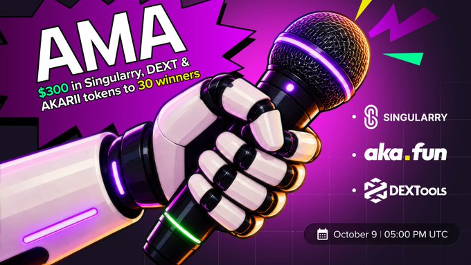 A promotional graphic announces an AMA event offering '$300 in Singularity, DEXT & AKARII tokens to 30 winners' on October 9 at 5:00 PM UTC, featuring Singularity, aka.fun, and DEXTools logos.