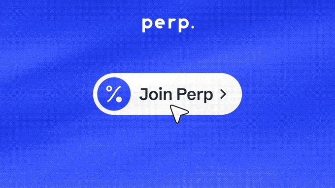 A blue promotional graphic for 'perp.' with a 'Join Perp' call-to-action button and cursor hovering over it.