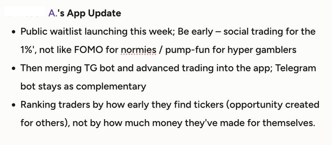 A text slide titled 'A.'s App Update' listing bullet points about launching a public waitlist, merging a TG bot into the app, and ranking traders by how early they find tickers.