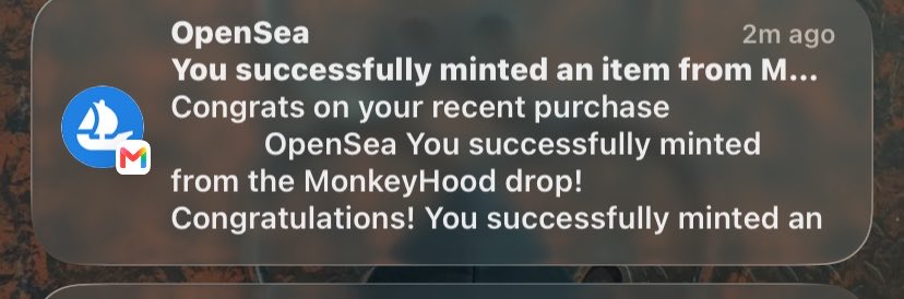 A smartphone notification from OpenSea reads: 'You successfully minted an item from M... Congrats on your recent purchase. OpenSea You successfully minted from the MonkeyHood drop! Congratulations! You successfully minted an', shown 2 minutes ago.