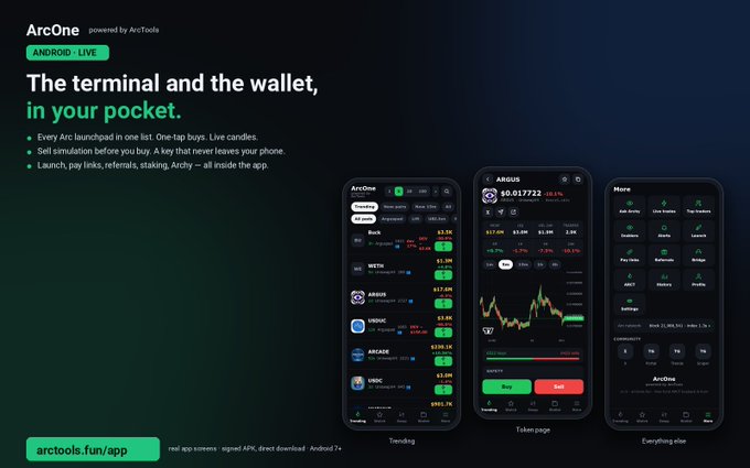 A promotional webpage for 'ArcOne' app by ArcTools with the tagline 'The terminal and the wallet, in your pocket,' showcasing three phone screens displaying trading interfaces, currently in Android live mode.