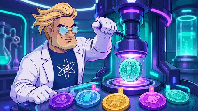 A cartoon scientist with glowing goggles works a futuristic machine that mints glowing atomic-themed tokens in a neon-lit laboratory, visually representing the "TokenFactory" feature's ability to let anyone permissionlessly create native tokens on Osmosis without a gatekeeper.