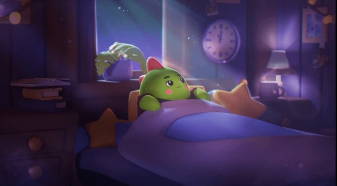 The same green cartoon character from Image 2 lying in bed under purple blankets in a cozy, dimly lit bedroom with a window showing a starry night and a clock on the wall.
