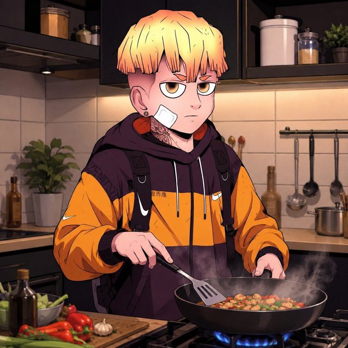 An anime-style illustration of a blonde-haired character with a bandage on their cheek, wearing an orange and black hoodie, cooking vegetables in a wok over a blue flame in a modern kitchen.