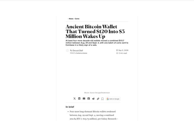 A news article screenshot titled 'Ancient Bitcoin Wallet That Turned $120 Into $5 Million Wakes Up', describing decade-old wallets moving a combined $15.7 million in Bitcoin, dated Sep 5, 2026.