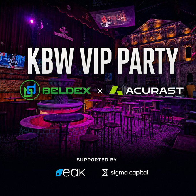 A promotional graphic for the 'KBW VIP PARTY' featuring logos for Beldex and Acurast, supported by Peak and Sigma Capital, set against a purple-lit venue with a fountain.