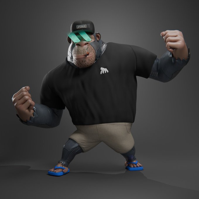 The image features a muscular cartoon gorilla wearing a black cap labeled "APE CHAIN," green visor-style sunglasses, a black tee with a small gorilla logo, and blue flip-flops, posing in a tough stance against a gray background. The "APE CHAIN" cap directly ties into the post's repeated "ApeChain" branding, with the gorilla's strong, dominant posture visually reinforcing the "Strong" and "On Top" messages.
