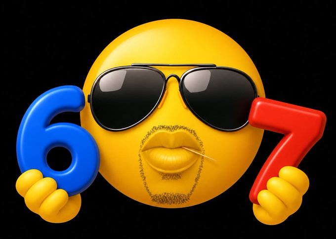 A 3D-rendered yellow emoji wearing black sunglasses puckers its lips with a piece of grass/straw, holding a blue "6" and red "7" with its hands, visually representing the "67" concept from the SixSeven app mentioned in the post.
