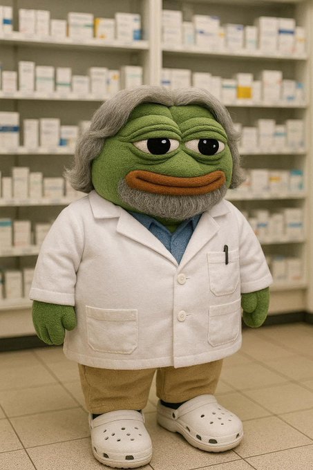 A plush-like 3D character of a green frog with gray hair and a beard, wearing a white lab coat, blue shirt, khaki pants, and Crocs, standing in what appears to be a pharmacy.