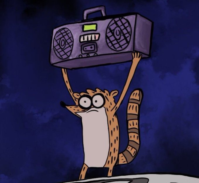 An animated illustration of Rigby from Regular Show holding a purple boombox above his head with both arms against a dark blue sky.