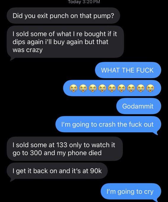 An iPhone text message conversation where one person describes selling something only to watch it surge from 133 to 300 before their phone died, then seeing it at 90k when reconnected, while the other person responds with shock emojis and plans to cry.