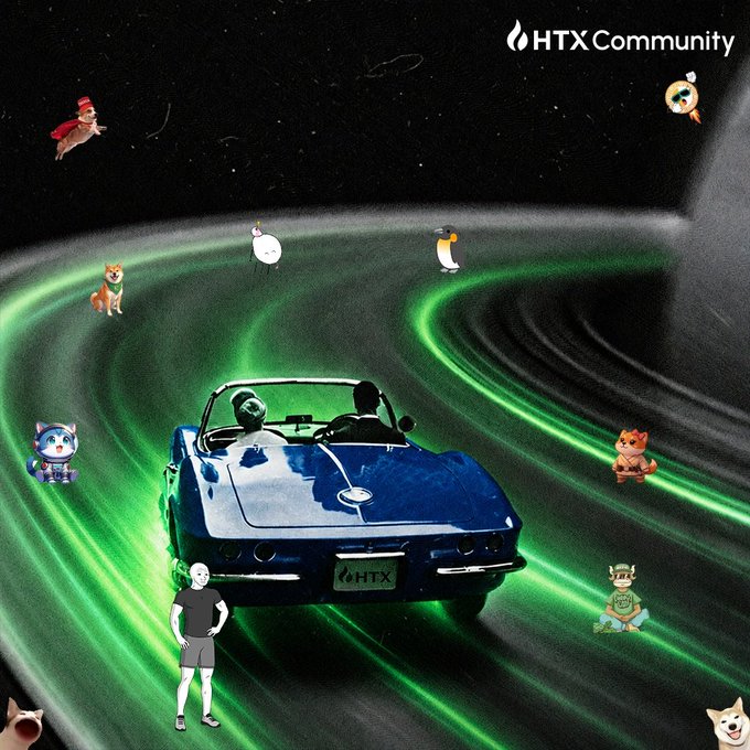 An artistic collage for the HTX Community featuring a blue convertible car with two figures driving through green aurora lights, surrounded by various cartoon characters and a Shiba Inu dog.