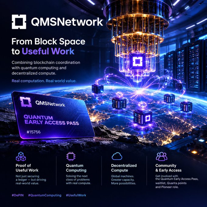 A promotional graphic for 'QMSNetwork' detailing their transition 'From Block Space to Useful Work', featuring a glowing quantum computer, a 'Quantum Early Access Pass', and bullet points for Proof of Useful Work, Quantum Computing, Decentralized Compute, and Community & Early Access.