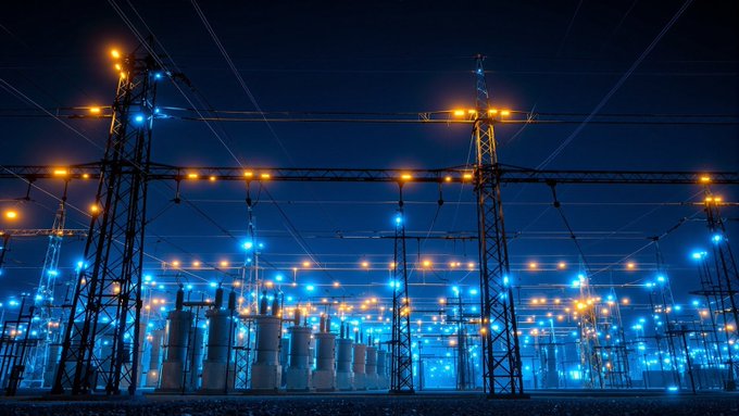 An electrified power grid illuminated against a dark sky, symbolizing the energy and infrastructure of a newly deployed blockchain marketplace. The image evokes the "mainnet" activation of $WATTZ, with its glowing network of nodes and connections representing the live, byte-identical Solana program at GUDVbE4Jgmtu8jgxUVtq2wUmjdLxJzPqT3zET2EdTLiU now powering inference, node registration, and model registration across the decentralized grid.