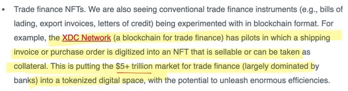 A highlighted excerpt from an article discussing tokenized trade finance, noting that the XDC Network is piloting blockchain-based shipping invoices and purchase orders as NFTs to bring the $5+ trillion trade finance market onto the blockchain.