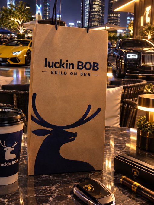 A brown paper shopping bag prominently features 'luckin BOB — BUILD ON BNB —' and a deer logo, sitting on a marble table alongside a coffee cup with the same branding, with luxury cars visible in the blurred background.