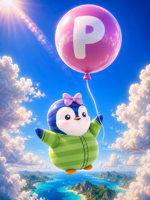 A cartoon penguin wearing a green striped sweater and a pink bow holds a pink balloon with the letter "P" while floating above a tropical island landscape.