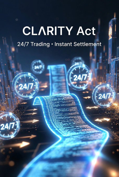 A promotional graphic for the 'CLARITY Act' featuring the text '24/7 Trading • Instant Settlement' alongside digital clocks displaying 24/7 and a stream of data.
