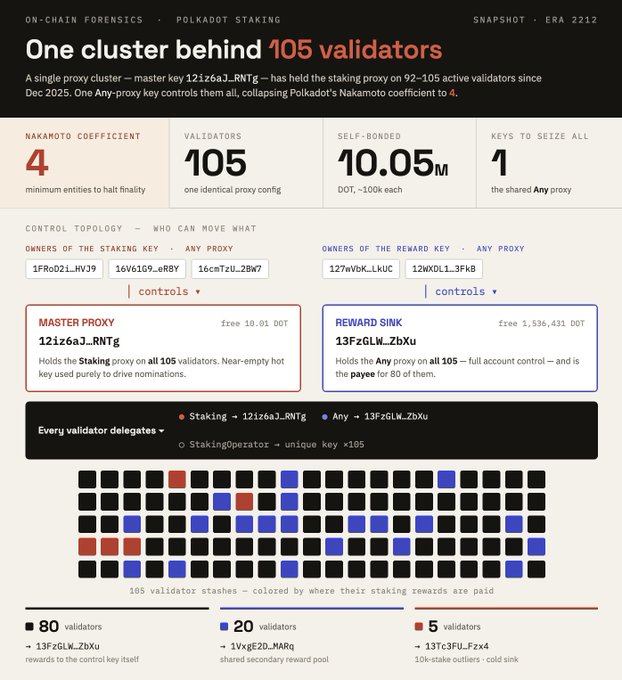 The image is an on-chain forensics chart titled "One cluster behind 105 validators," revealing that a single proxy cluster (master key 121z6a3_RNTg) controls 92-105 active Polkadot validators since December 2025, collapsing Polkadot's Nakamoto coefficient to just 4. Key data shows 10.05M DOT self-bonded across 105 validators using an identical proxy configuration, with reward payments flowing to only three addresses (13FzGLW_ZbXu, 1VgE2D_MARq, and 13Tc3FU_Fzx4) — illustrating the centralization concern referenced in the post.