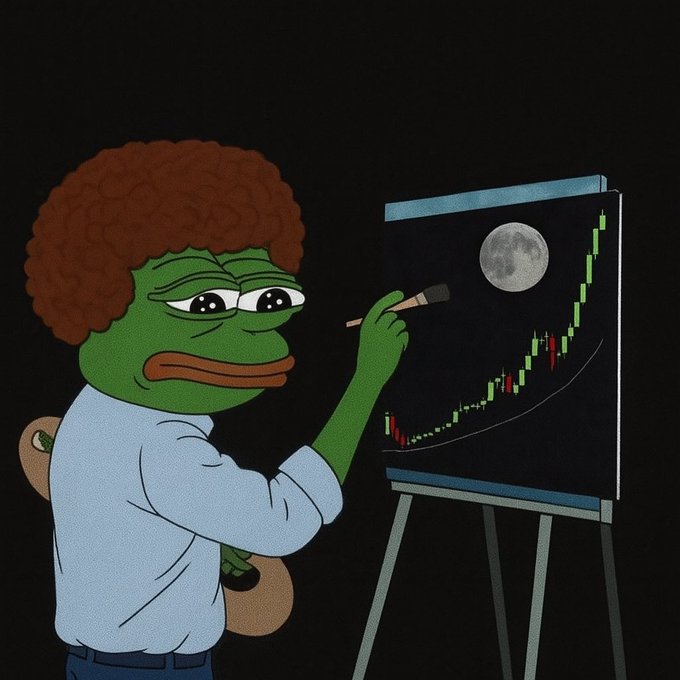 A Pepe the Frog-style cartoon character with an afro paints a green candlestick chart with a moon visible on the canvas.