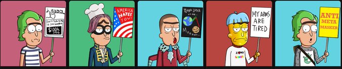 Five cartoon characters in a row, each holding a protest sign with messages including references to 'Y/2026', 'AMERICA HATES CO', 'TEAM LOVE', 'MY ARMS ARE TIRED', and 'ANTI META MERICA'.