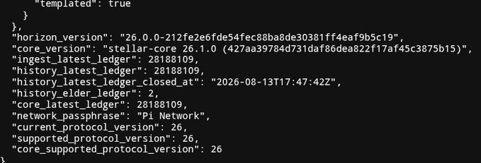 A JSON code snippet displaying Stellar network information for Pi Network, with fields including horizon_version '26.0.0-212fe2e', core_version 'stellar-core 26.1.0', network_passphrase 'Pi Network', and current_protocol_version 26.