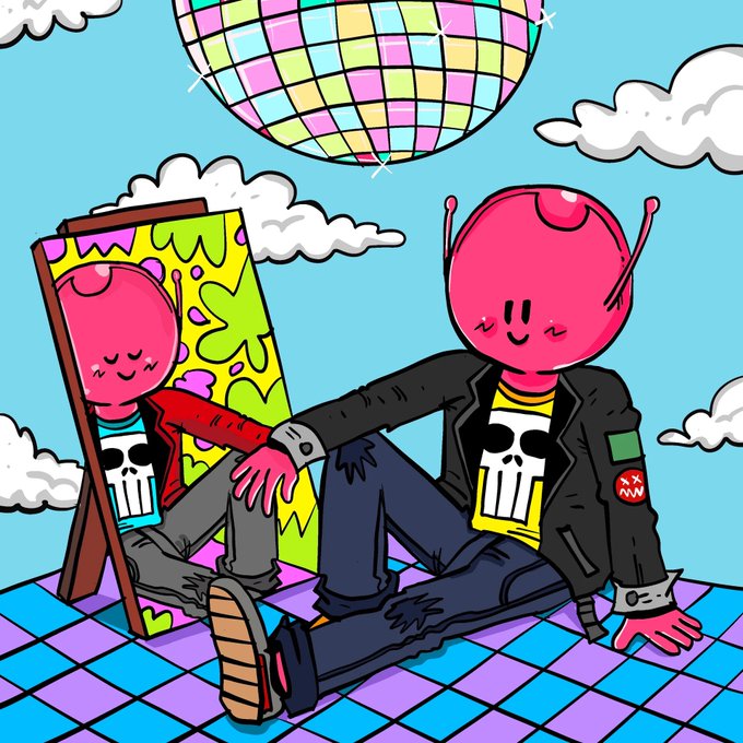 A colorful cartoon illustration featuring pink alien-like characters wearing skull-print shirts and leather jackets, sitting on a checkered disco floor beneath a sparkling disco ball, with one character looking into a graffiti-decorated mirror.