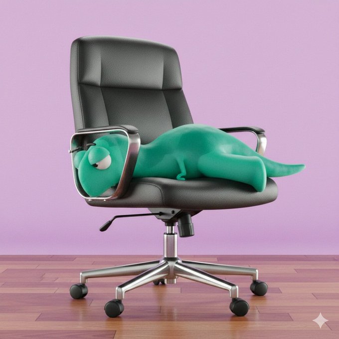 A green dinosaur-like character lies sleeping on a black office chair against a pastel purple wall on a wooden floor.