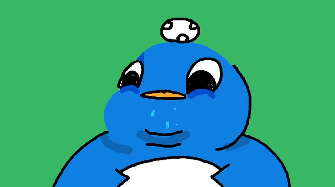 An illustration of a sad blue penguin-like character with large eyes and a teardrop crying against a green background, with a small object floating above its head.