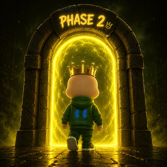 A cartoon character wearing a green hoodie and a glowing crown walks through a mystical stone portal, with the text "PHASE 2" and a crown symbol emerging in radiant gold above the doorway, symbolizing the transition from Phase 1 to Phase 2 as mentioned in the post.
