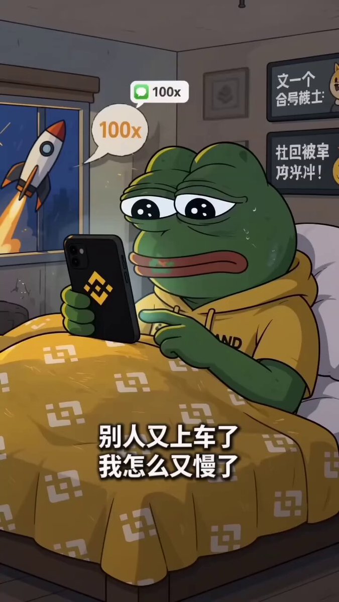 The image features a cartoon frog sitting in bed, holding a cell phone with a thumbs-up gesture. The text accompanying the image includes Chinese characters that translate to "100x", "MEME", and "focus". This suggests that the image is related to a meme or a social media post featuring the cartoon frog character.